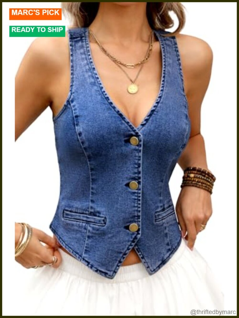 Women's Cropped Denim Vest Western Style Faux Pockets V-Neck Button-Down